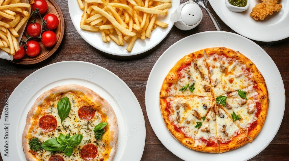 This setup features an Asian-style pizza topped with an egg, a plate of fried chicken, crispy French fries, and various dressings arranged beautifully on a wooden table This setup features an Asian-style pizza topped with an egg, a plate of fried chicken, crispy French fries, and various dressings arranged beautifully on a wooden table