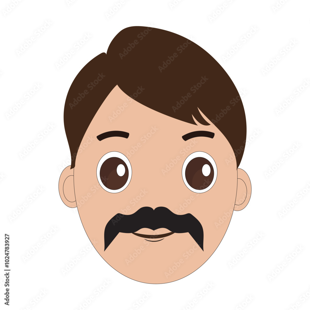 Illustration of a cartoon man is face with mustache and big eyes, brown hair and a thick black mustache. Minimalist design, perfect for avatars, stickers or other graphic projects. Eps 10 Illustration of a cartoon man is face with mustache and big eyes, brown hair and a thick black mustache. Minimalist design, perfect for avatars, stickers or other graphic projects. Eps 10