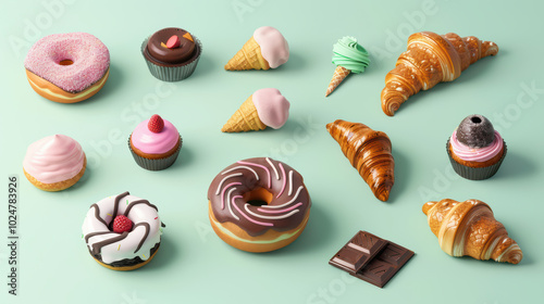 Delight in colorful assortment of desserts featuring donuts, ice cream cones, cupcakes, and croissants, perfect for any sweet tooth craving