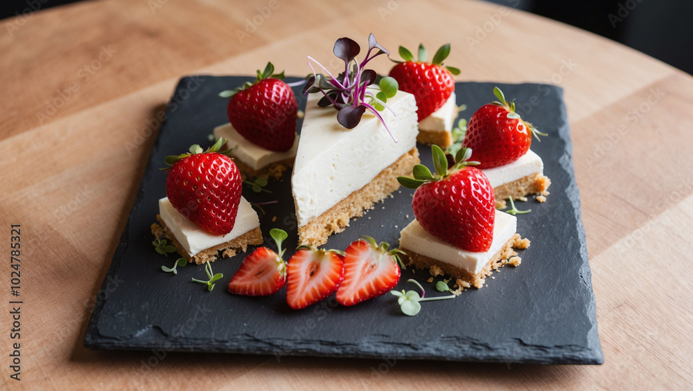 A deconstructed cheesecake with silky cream cheese mousse crumbled biscuit base fresh strawberries and microgreens artfully arranged on a slate plate A deconstructed cheesecake with silky cream cheese mousse crumbled biscuit base fresh strawberries and microgreens artfully arranged on a slate plate