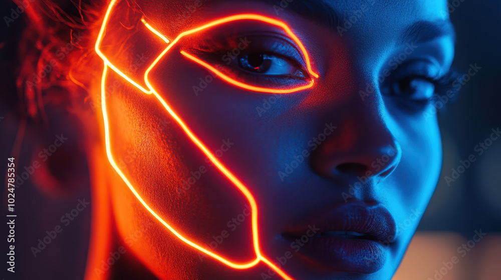 close up of persons face illuminated by glowing neon lines, creating striking visual effect. vibrant colors enhance features, evoking sense of modernity and intrigue close up of persons face illuminated by glowing neon lines, creating striking visual effect. vibrant colors enhance features, evoking sense of modernity and intrigue