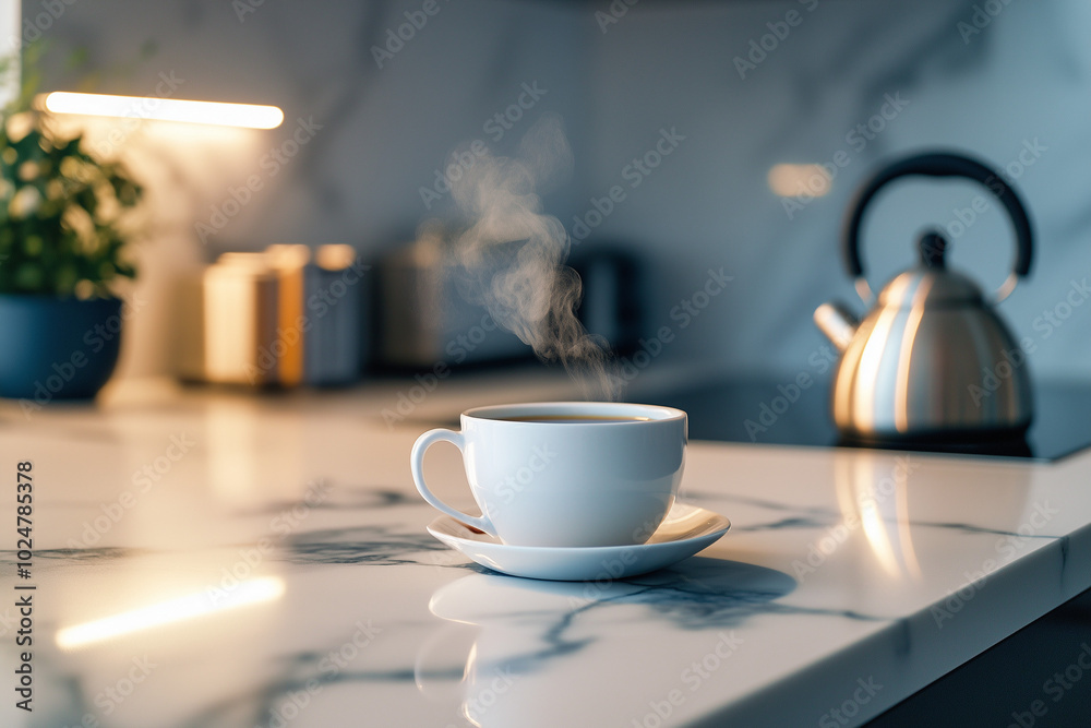 Steaming tea cup on marble countertop in modern kitchen. Steaming tea cup on marble countertop in modern kitchen.