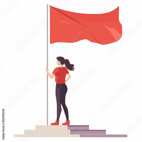 A woman stands on steps, holding a red flag, symbolizing determination and empowerment.