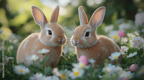 Two adorable brown and white bunnies with long ears sit amongst white and pink flowers, looking at each other.