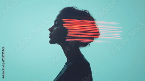 captivating double exposure image featuring persons silhouette against vibrant turquoise background, enhanced by dynamic neon light streaks. interplay of light and shadow evokes sense of movement and