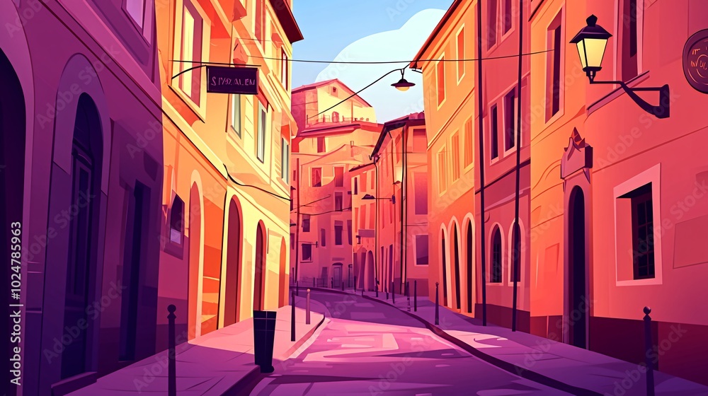 Obraz premium A narrow cobblestone street winds through a picturesque European city, lined with colorful buildings and charming details. The warm sunlight casts long shadows on the pavement.