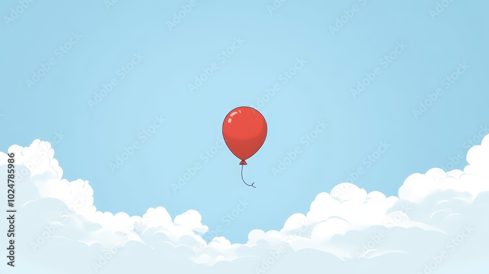 A Single Red Balloon Floating Among Clouds in a Clear Sky A Single Red Balloon Floating Among Clouds in a Clear Sky