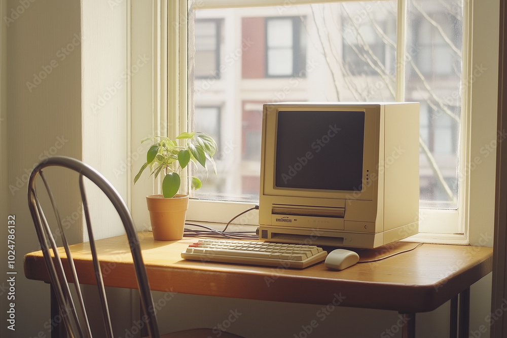 Minimalist Home Office Featuring a Beige Blocky Computer on a Simple Wooden Desk. Clean and Organized with Floppy Disks and Wired Mouse Beside the Keyboard. Soft Natural Lighting and a Small Houseplan Minimalist Home Office Featuring a Beige Blocky Computer on a Simple Wooden Desk. Clean and Organized with Floppy Disks and Wired Mouse Beside the Keyboard. Soft Natural Lighting and a Small Houseplan