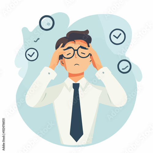 A stressed businessman holding his head, surrounded by check marks and clocks.