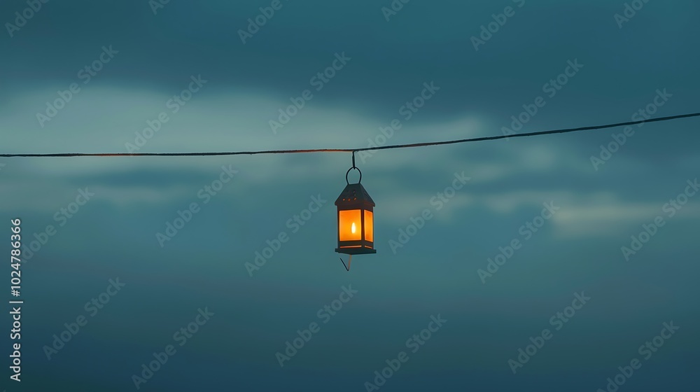 A minimalist lantern hanging from a thin wire emits a warm golden light against the backdrop of a deep blue twilight sky creating a serene and tranquil atmosphere for evening relaxation A minimalist lantern hanging from a thin wire emits a warm golden light against the backdrop of a deep blue twilight sky creating a serene and tranquil atmosphere for evening relaxation
