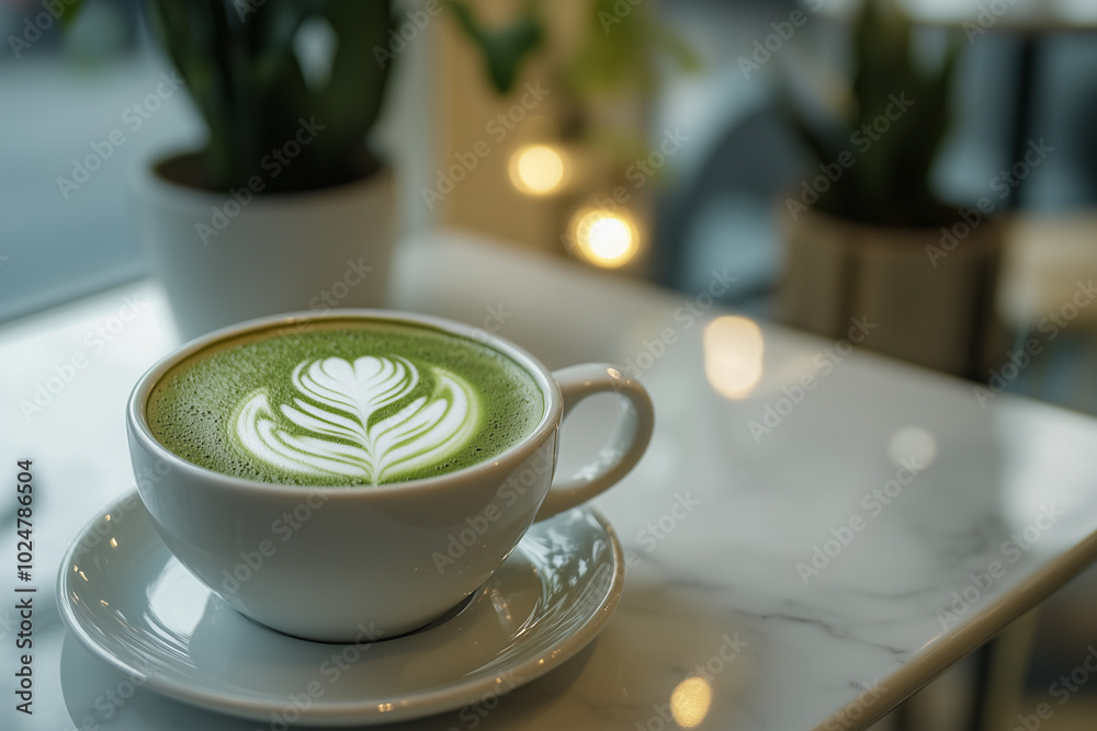 Matcha latte in ceramic cup with leaf design on table Matcha latte in ceramic cup with leaf design on table