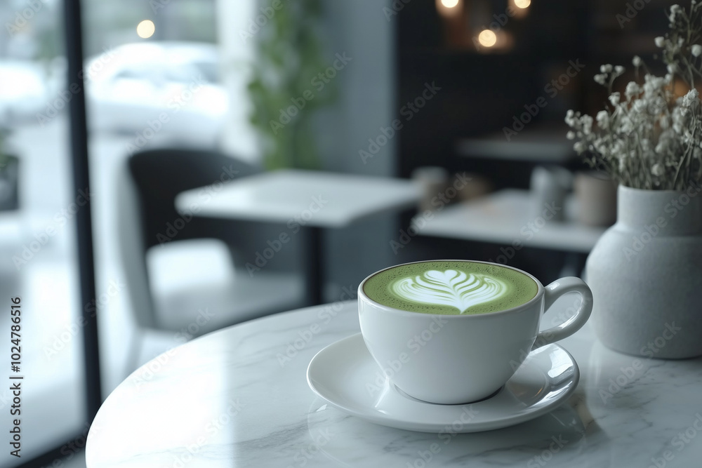 Matcha latte in ceramic cup with leaf design on table Matcha latte in ceramic cup with leaf design on table