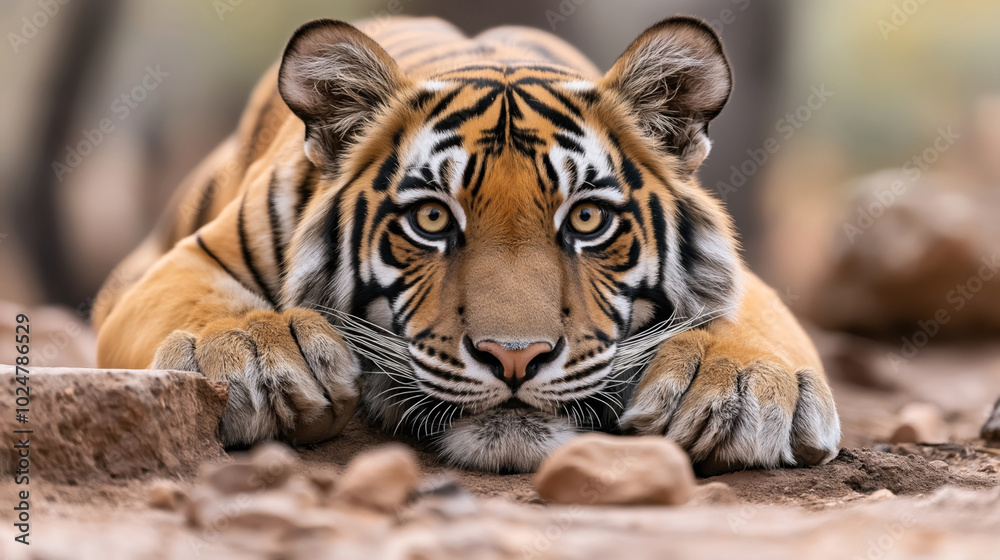 Fototapeta premium Close-up of a Bengal tiger lying on the ground with an intense gaze, displaying its distinctive orange fur with black stripes and large paws in a natural habitat.