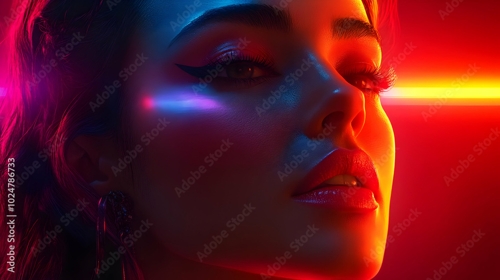 Close-up portrait of a woman with vibrant neon lighting.