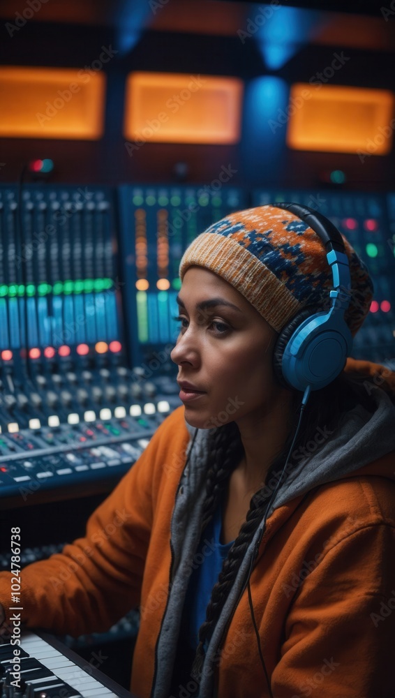 Woman with dark skin wearing headphones, focused on audio mixing in studio Woman with dark skin wearing headphones, focused on audio mixing in studio