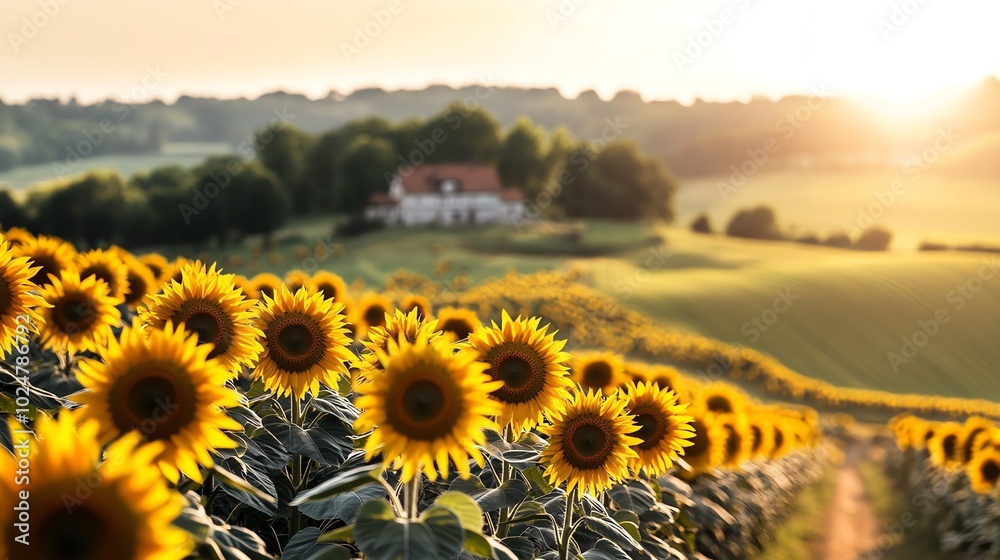 Fototapeta premium Sunflower field at sunrise with a farmhouse in the background, capturing the peaceful beauty of rural life and nature's tranquility.
