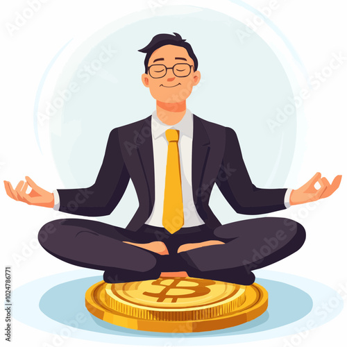 A businessman meditating on a Bitcoin coin, symbolizing mindfulness in finance.