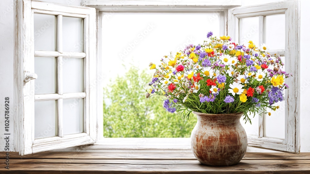 Fototapeta premium A rustic vase with wild flowers sits on a windowsill, with the window open and a blurry view of greenery outside.
