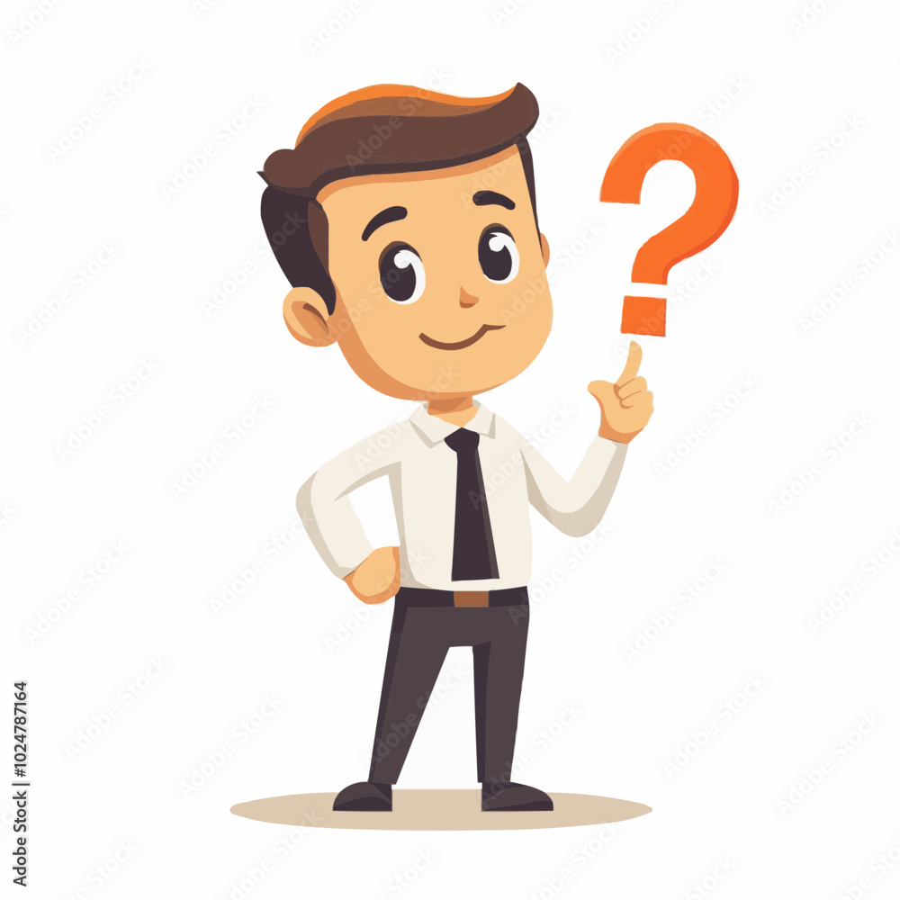 A cartoon character in a business outfit, smiling and pointing at a question mark. A cartoon character in a business outfit, smiling and pointing at a question mark.