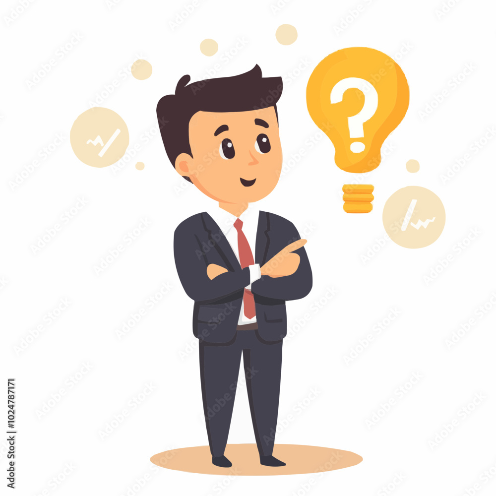 A businessman pondering an idea with a light bulb and question mark. A businessman pondering an idea with a light bulb and question mark.