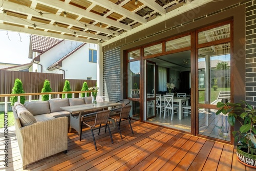 Bild auf Leinwand Serene Outdoor Patio with Comfortable Seating and Greenery