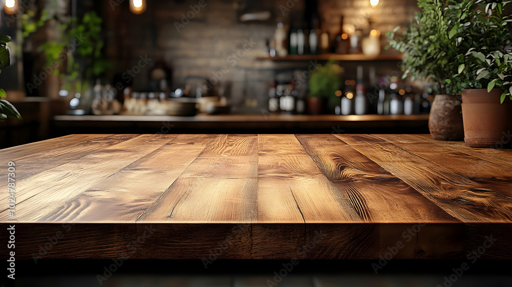 Rustic wooden table in a cozy bar setting with plants.