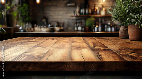 Rustic wooden table in a cozy bar setting with plants.