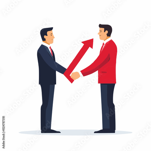 Two businessmen shaking hands with an upward arrow symbolizing growth and partnership.