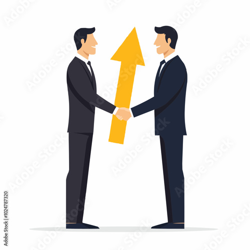 Two businesspeople shaking hands with an upward arrow symbolizing growth and partnership.