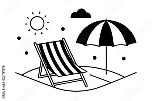 Beach chair silhouette with palm tree on white background. vector illustration.