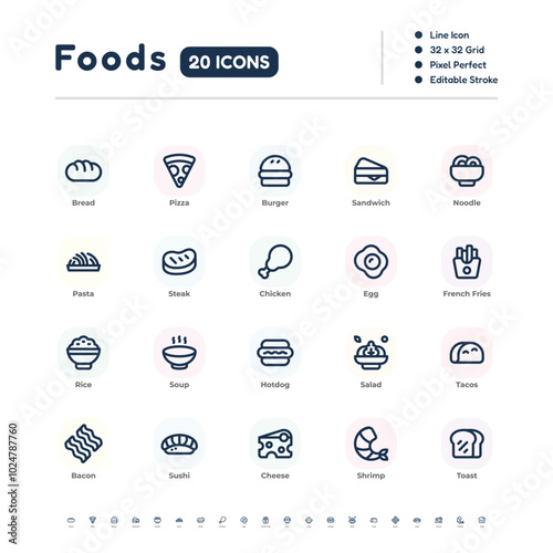 Food Icon Set – 20 Simple Line Icons with Editable Stroke, 32x32 Pixel Perfect Vector