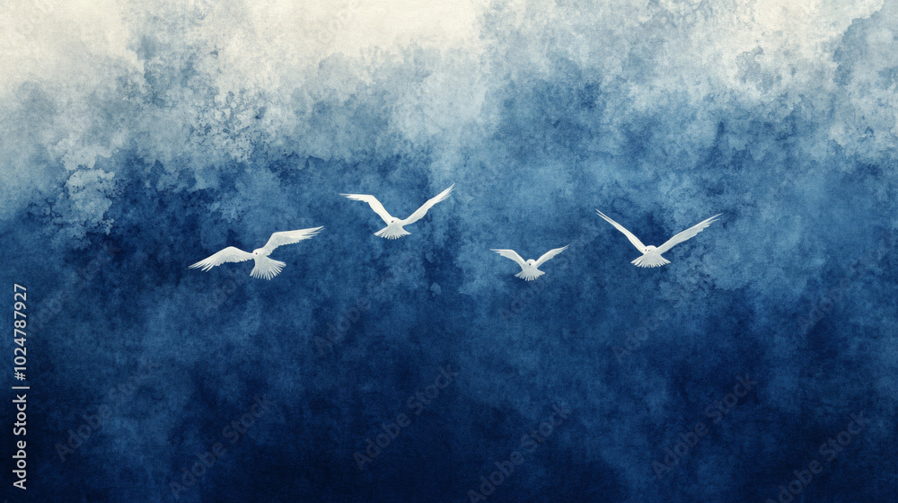 Illustration of white birds flying on sky on indigo blue background. ink wash painting texture with copy space for elegant card Illustration of white birds flying on sky on indigo blue background. ink wash painting texture with copy space for elegant card
