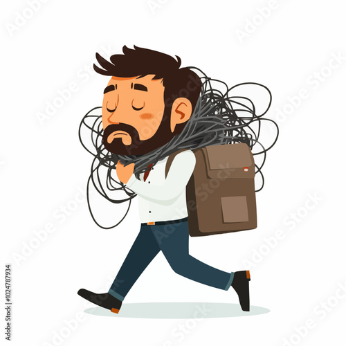 A man carrying tangled wires while walking, representing a tech or networking theme.