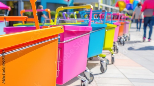 Wallpaper Mural Colorful shopping carts aligned outdoors on sunny day at shopping mall Torontodigital.ca