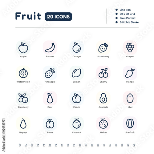 Fruit Icon Set – 20 Simple Line Icons with Editable Stroke, 32x32 Pixel Perfect Vector
