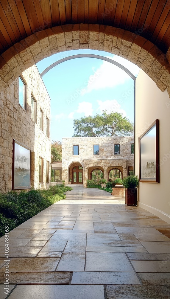 Fototapeta premium Mediterranean Courtyard with Stone Archway, Tiled Walkway, Lush Greenery, and Elegant Architecture