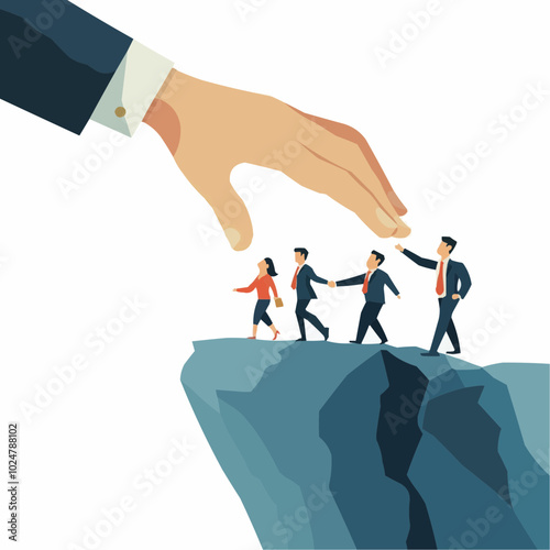 A large hand guiding business people towards a safer path on a cliff.