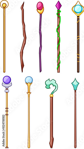 magic wizard stick set cartoon. sorcery mystic, fantasy arcane, potion ritual magic wizard stick sign. isolated symbol vector illustration
