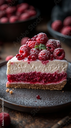 Raspberry Cheesecake with Fresh Berries on a Plate, a Delicious and Sweet Dessert Treat