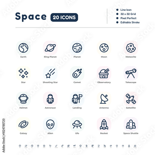 Space Icon Set – Line Icons with Editable Stroke, 32x32 Pixel Perfect Vector