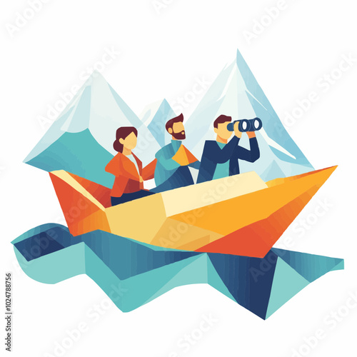 Three people in a boat navigating through mountain waters.