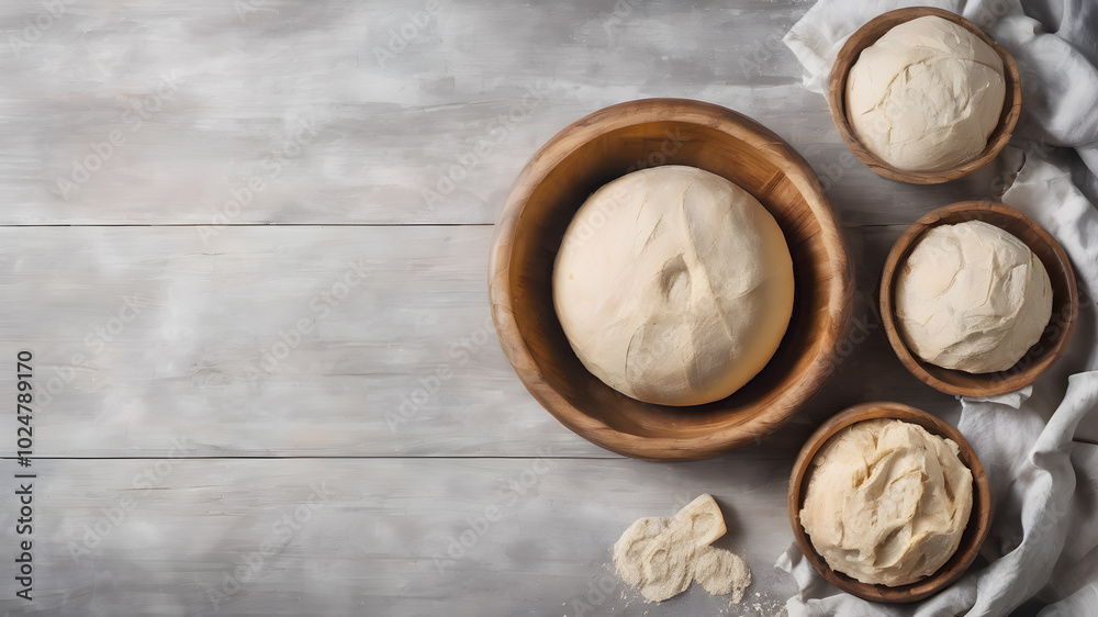 Dough balls ready to bake on floured wooden board. AI generated image, ai. Dough balls ready to bake on floured wooden board. AI generated image, ai.