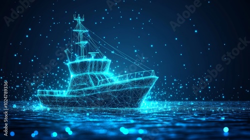Futuristic Wireframe Rendering of Fishing Boat Sailing on Dark Blue Digital Sea, Technology Concept