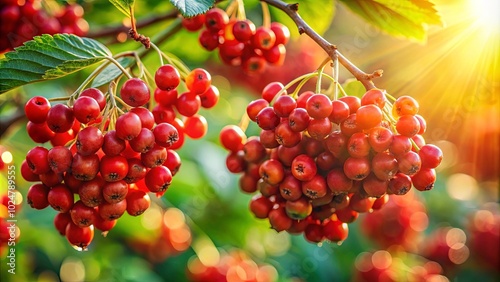 Sun-kissed Clusters of Vibrant Red Berries Hanging from a Branch, a Symbol of Nature's Bounty and the Arrival of Autumn