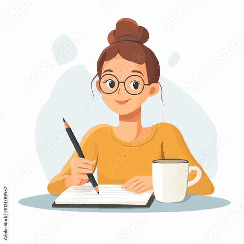 A person writing in a notebook with a pencil and a cup of coffee.