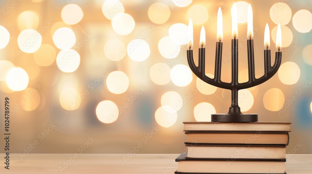 Lit menorah on stack of books with blurred festive lights in background. Lit menorah on stack of books with blurred festive lights in background.