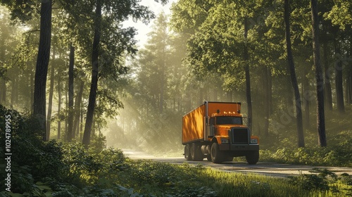 Bright truck surrounded by tall, slender trees in a minimalist natural setting, with soft sunlight filtering through the leaves.
