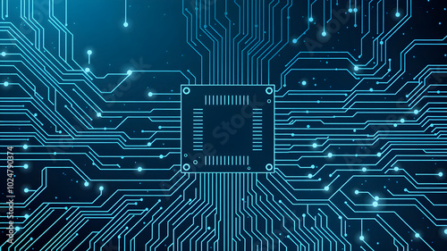 Abstract chip circuit board background. Technology connected blue lines with electronics elements on tech bg. Computer motherboard with a chip, processor, and semiconductor. Digital 3D illustration