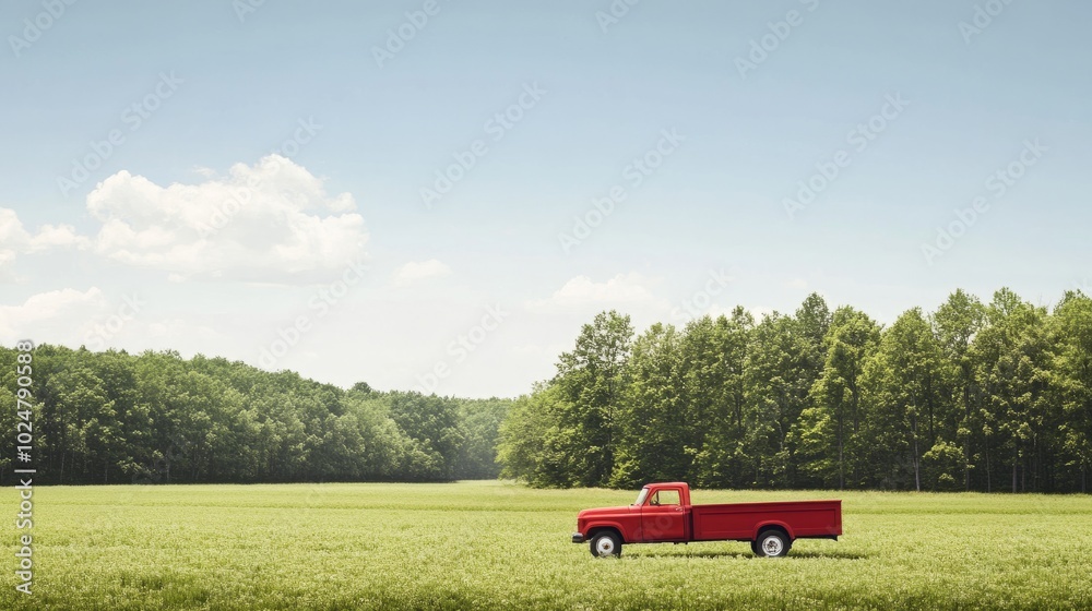 Vibrant truck standing still among fresh green trees in a serene, minimalist landscape, with a bright sky and open space Vibrant truck standing still among fresh green trees in a serene, minimalist landscape, with a bright sky and open space
