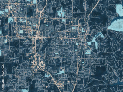 Painterly Style City Map of Rogers Arkansas, USA in a Blue Color Scheme.